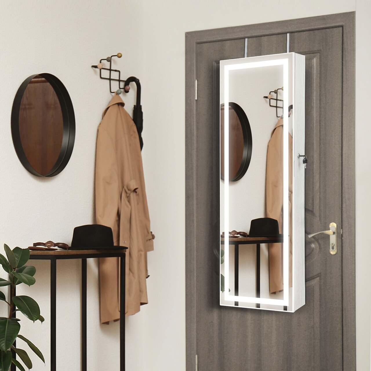 Mirrored Jewelry Armoire with Full Length Mirror and 2 Internal LED Lights
